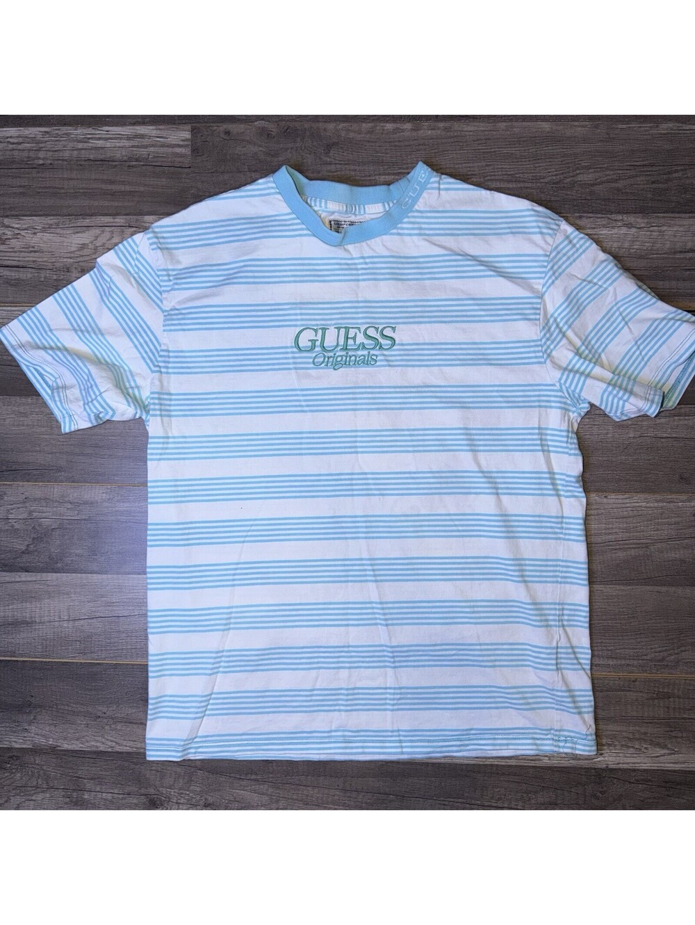 VTG 2000s Guess Originals T Shirt Mens Small Blue White Striped Stitched Logo